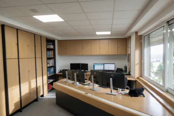 Unser Büro in Athen: Empfangstresen mit Arbeitsplätzen